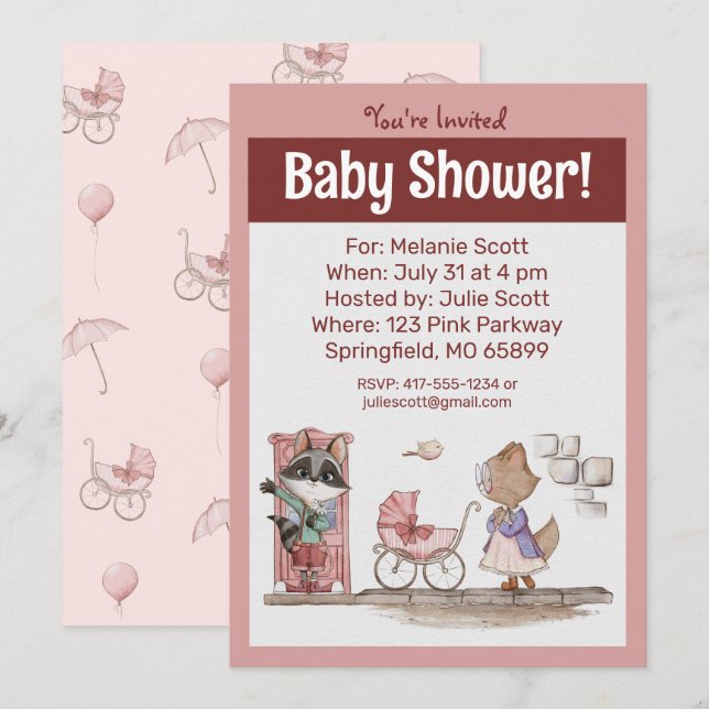 Cute Pink Baby Buggy Baby Shower Invitation (Front/Back)