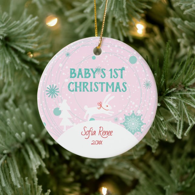Cute Pink Baby Bunny 1st Christmas Personalised Ceramic Ornament (Tree)