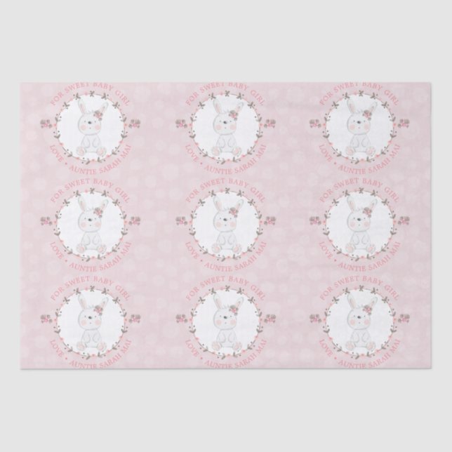 Cute Pink Baby Bunny Floral Wreath Personalised  Tissue Paper (Front)