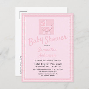 Cute Pink Baby Carriage Girls Baby Shower Invitation Postcard