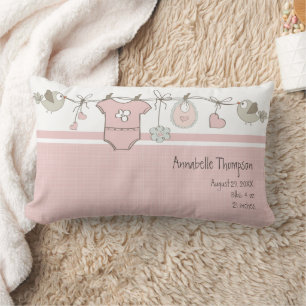 Cute Pink Baby Clothesline Brith Stats Lumbar Cushion