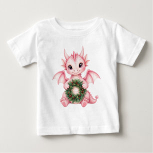 Cute Pink Baby Dragon with Christmas Wreath Kids T-Shirt