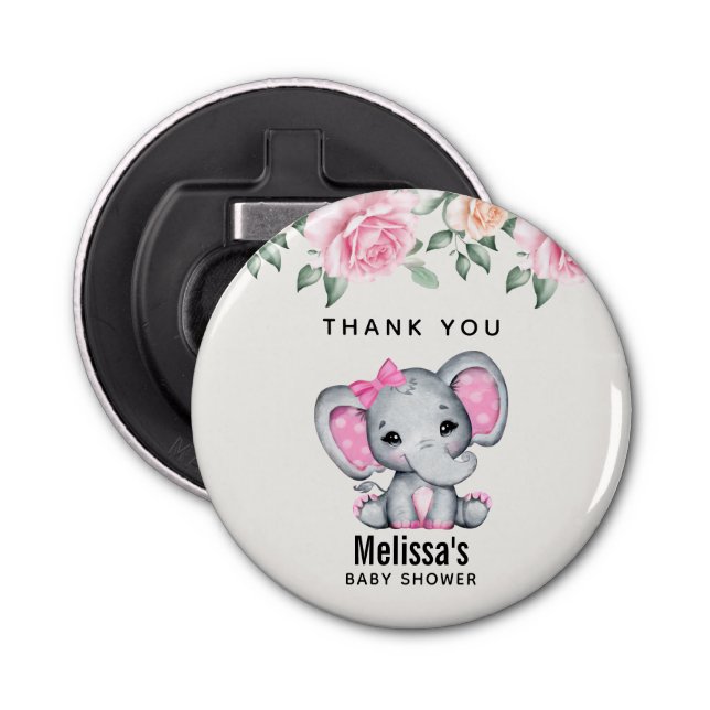 Cute Pink Baby Elephant and Roses Baby Shower Bottle Opener (Front)
