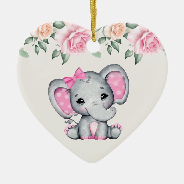 Cute Pink Baby Elephant and Roses Border Ceramic Ornament (Front)