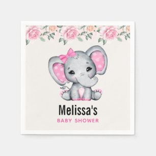 Cute Pink Baby Elephant and Roses Border Shower Napkin