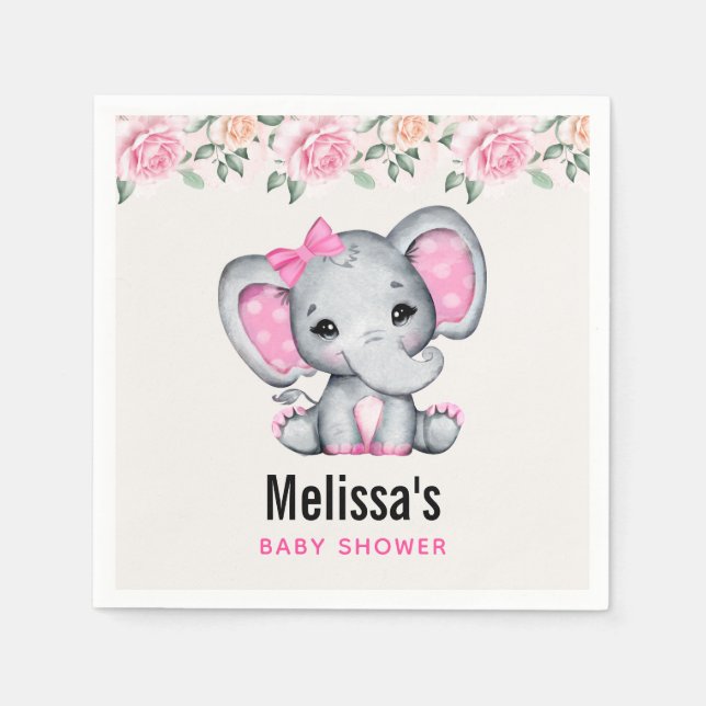 Cute Pink Baby Elephant and Roses Border Shower Napkin (Front)