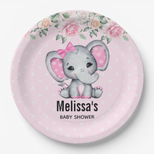 Cute Pink Baby Elephant and Roses Border Shower Paper Plate