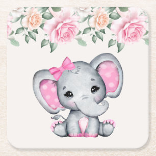Cute Pink Baby Elephant and Roses Border Square Paper Coaster