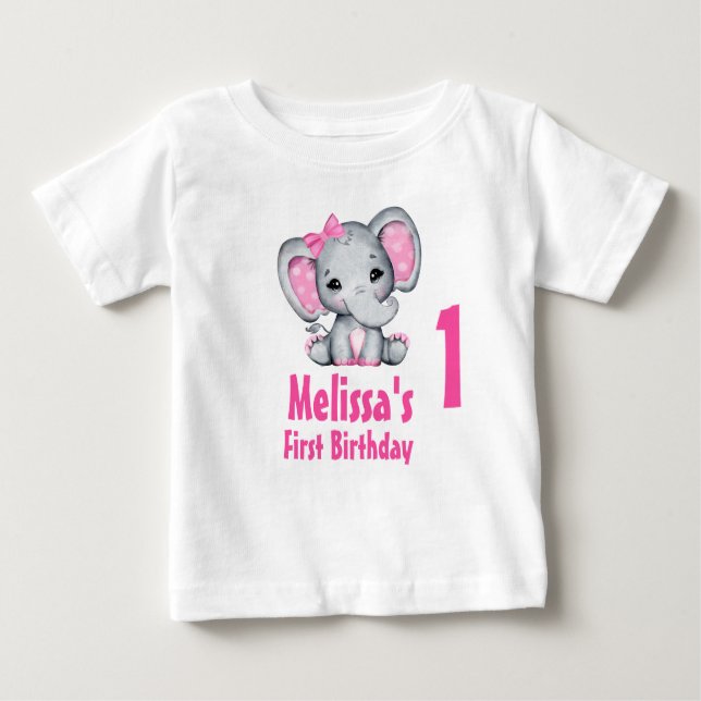 Cute Pink Baby Elephant First Birthday Baby T-Shirt (Front)