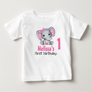 Cute Pink Baby Elephant First Birthday T-Shirt