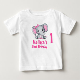 Cute Pink Baby Elephant First Birthday T-Shirt