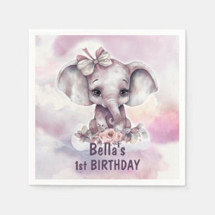 Cute Pink Baby Elephant Girl 1st Birthday Party Napkin
