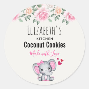 Cute Pink Baby Elephant & Roses Watercolor Kitchen Classic Round Sticker