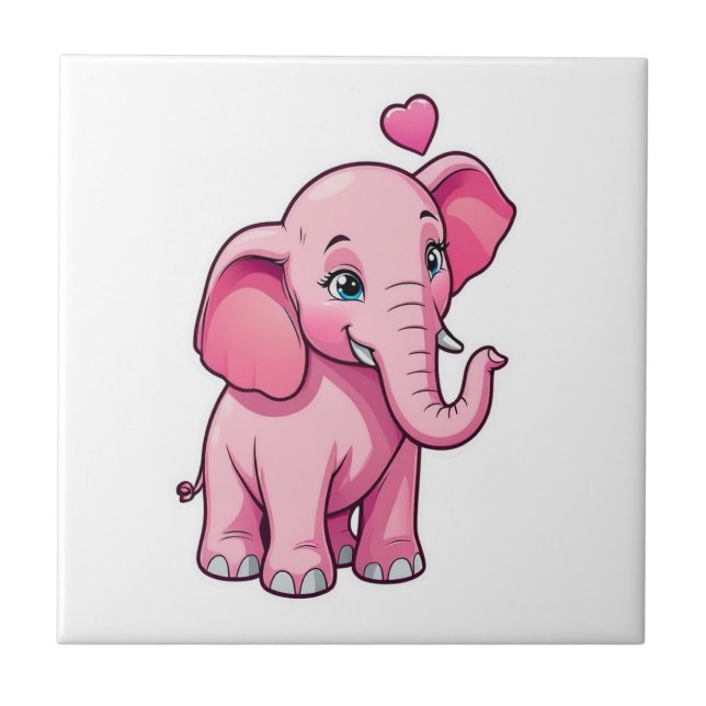 Cute Pink Baby Elephant With Love Ceramic Tile (Front)