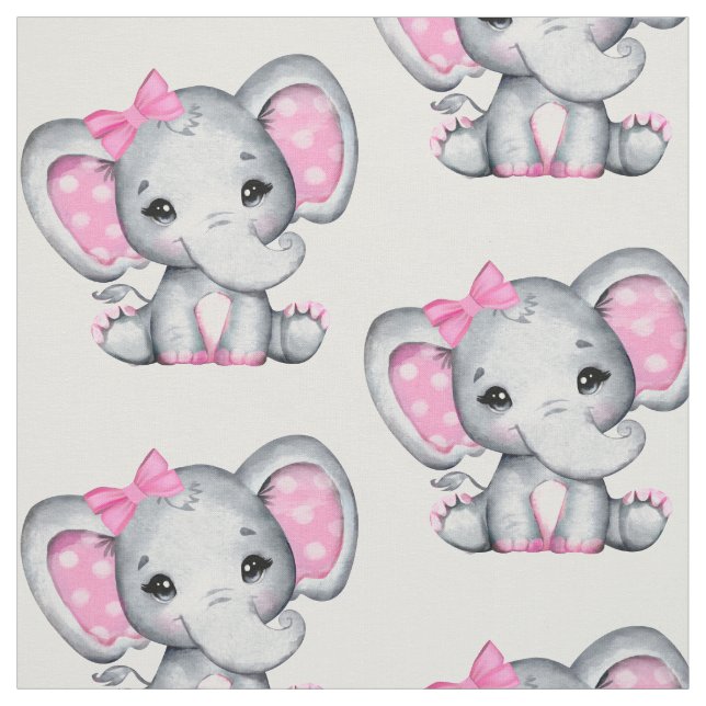 Cute Pink Baby Elephant with Polka Dot Ear Pattern Fabric (Swatch)