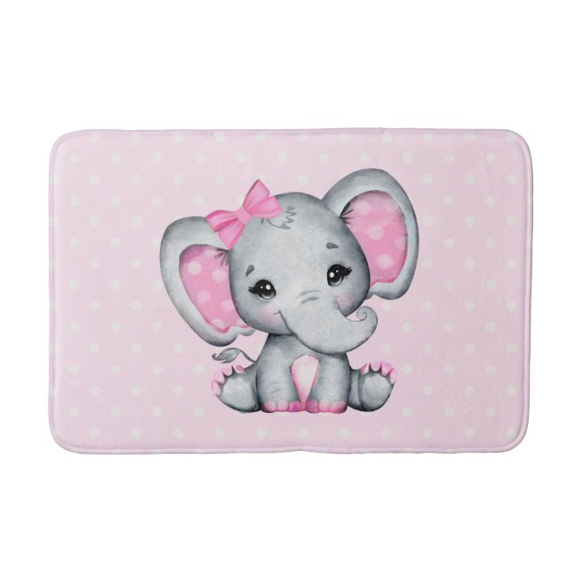 Cute Pink Baby Elephant with Polka Dot Ears Bath Mat (Front)
