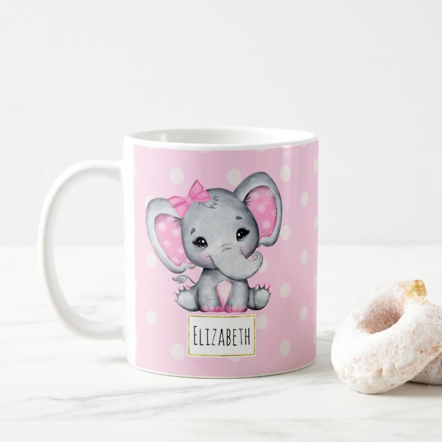 Cute Pink Baby Elephant with Polka Dot Ears Coffee Mug (With Donut)