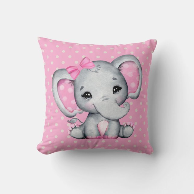 Cute Pink Baby Elephant with Polka Dot Ears Cushion (Front)