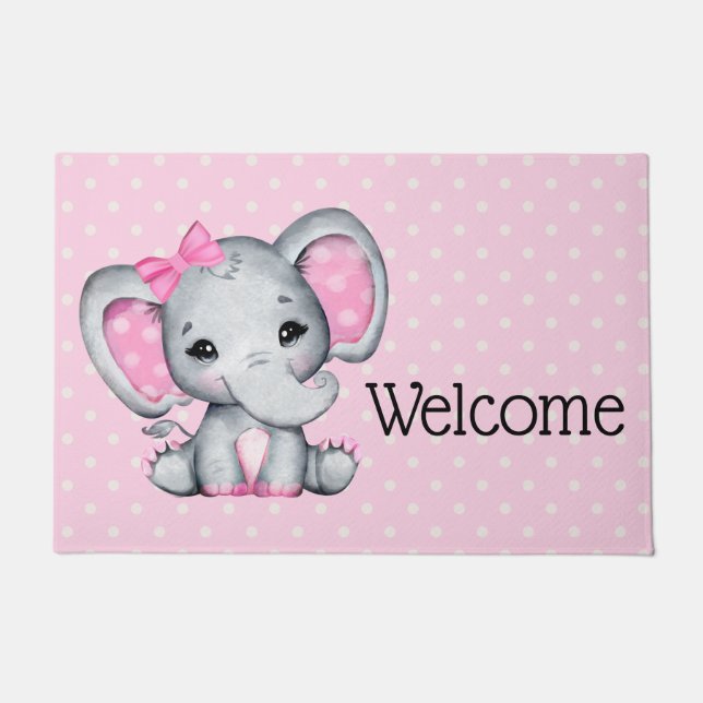Cute Pink Baby Elephant with Polka Dot Ears Doormat (Front)