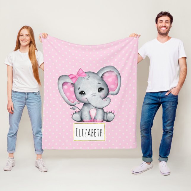 Cute Pink Baby Elephant with Polka Dot Ears Fleece Blanket (In Situ)