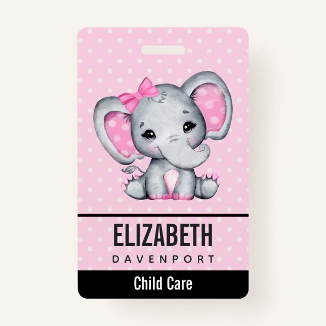 Cute Pink Baby Elephant with Polka Dot Ears ID Badge (Front)