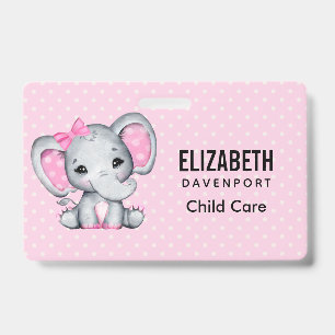 Cute Pink Baby Elephant with Polka Dot Ears ID Badge