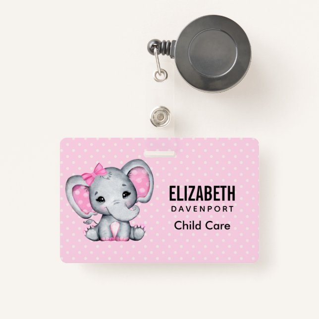 Cute Pink Baby Elephant with Polka Dot Ears ID Badge (Front with Retractable)