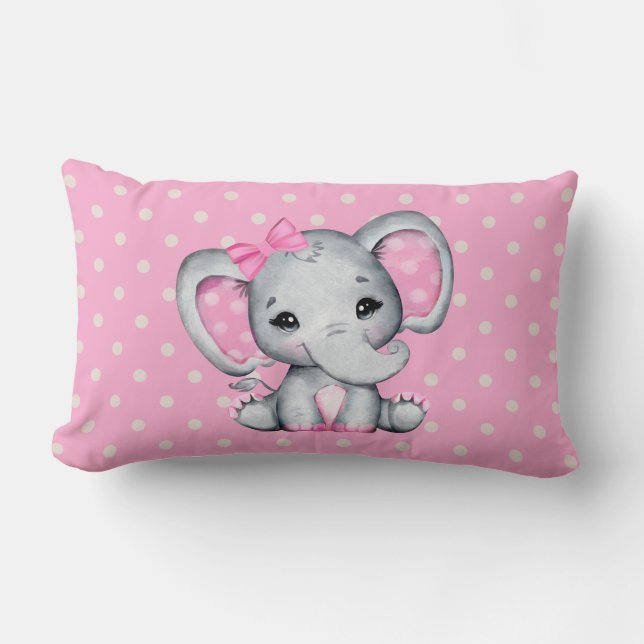 Cute Pink Baby Elephant with Polka Dot Ears Lumbar Cushion (Front)