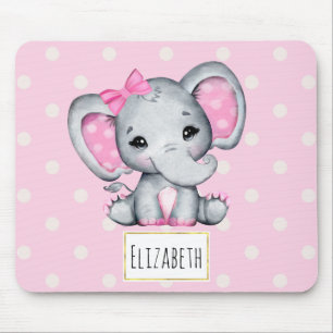Cute Pink Baby Elephant with Polka Dot Ears Mouse Pad