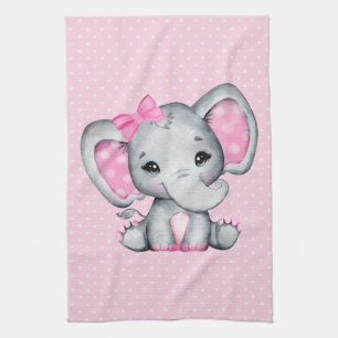 Cute Pink Baby Elephant with Polka Dot Ears Tea Towel