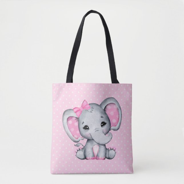 Cute Pink Baby Elephant with Polka Dot Ears Tote Bag (Front)