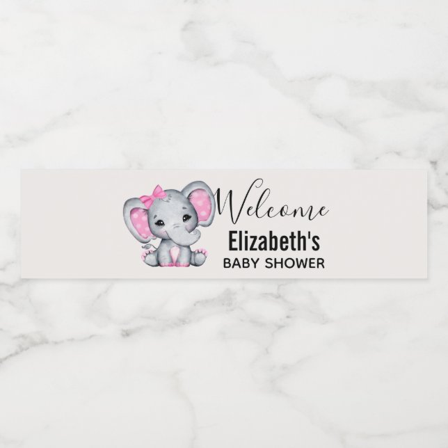 Cute Pink Baby Elephant with Polka Dot Ears Water Bottle Label (Single Label)
