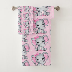 Cute Pink Baby Elephants Pattern Bath Towel Set