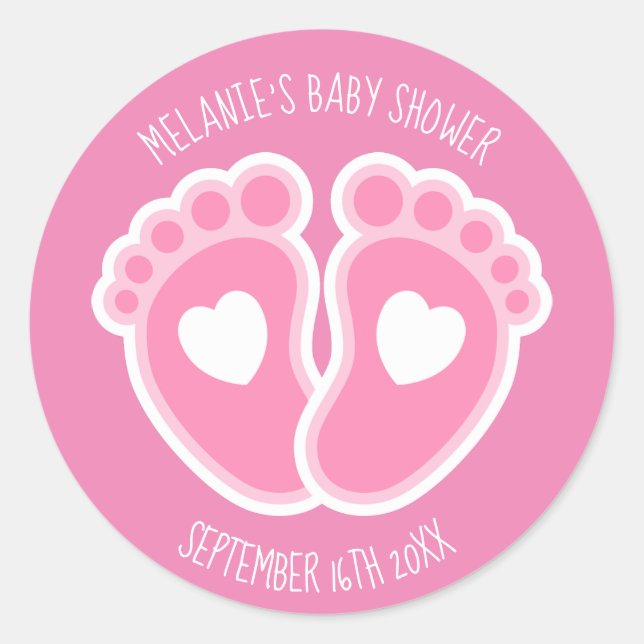 Cute Pink Baby Feet Custom Girl's Baby Shower Classic Round Sticker (Front)
