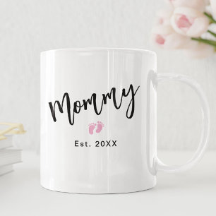 Cute Pink Baby Feet Script Mummy Year Established  Coffee Mug