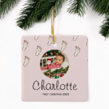 Cute Pink Baby Footprints Baby's First Christmas