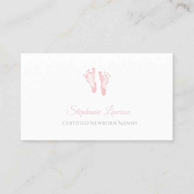 Cute Pink Baby Footprints Certified Newborn Nanny Business Card (Front)