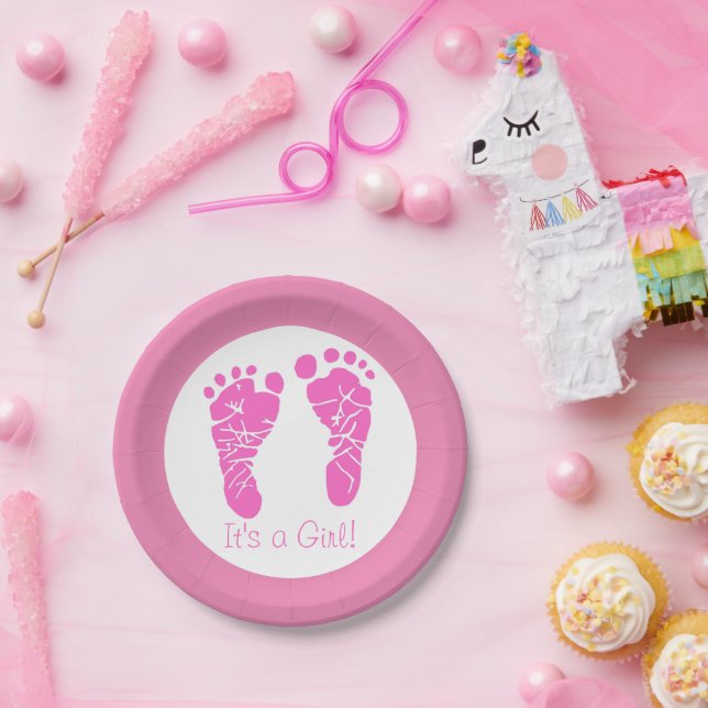 Cute Pink Baby Footprints Its a Girl Baby Shower Paper Plate (Party)