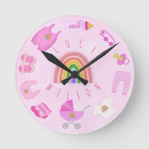 Cute Pink Baby Girl Baby Stuffs Name Round Clock