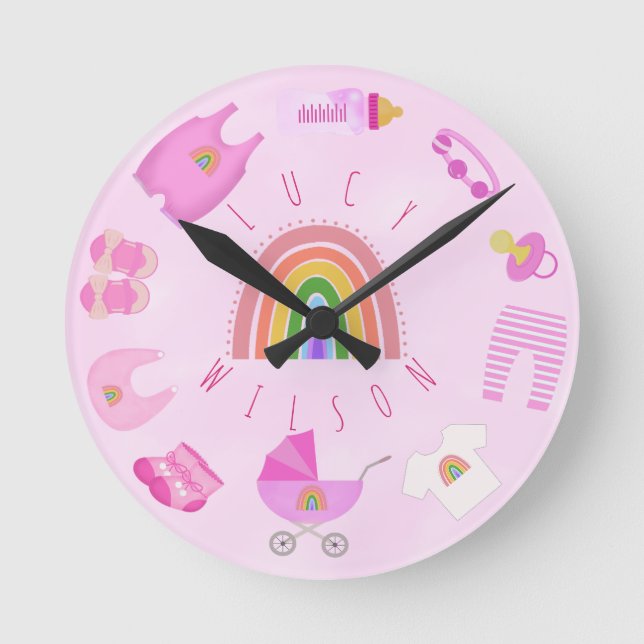 Cute Pink Baby Girl Baby Stuffs Name Round Clock (Front)