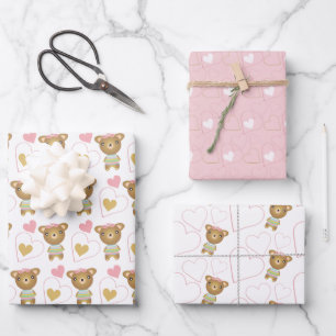 Cute Pink Baby Girl Bear Wrapping Paper Sheet