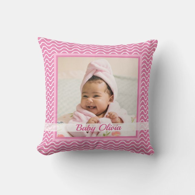 Cute Pink Baby Girl Birth Stats Photo Keepsake Cushion (Front)