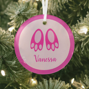 Cute Pink Baby Girl Bunny Feet Easter First Xmas Glass Tree Decoration