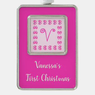 Cute Pink Baby Girl Bunny Feet Easter Monogrammed Silver Plated Framed Ornament