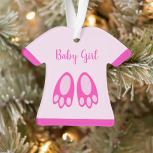 Cute Pink Baby Girl Bunny Feet First Christmas Ornament