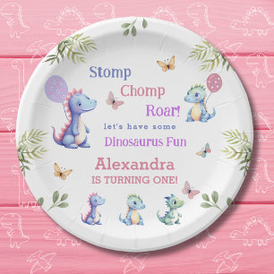 Cute Pink Baby Girl Dinosaur 1st Birthday Paper Plate
