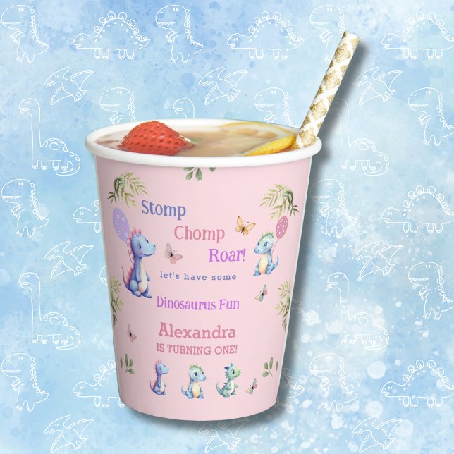 Cute Pink Baby Girl Dinosaur 1st Birthday Party Paper Cups (Creator Uploaded)