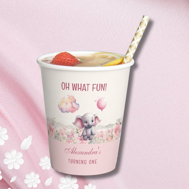 Cute Pink Baby Girl Elephant 1st Birthday Party Paper Cups (Creator Uploaded)