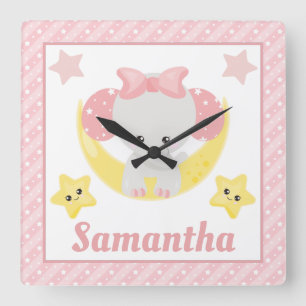 Cute Pink Baby Girl Elephant & Stars Square Wall Clock