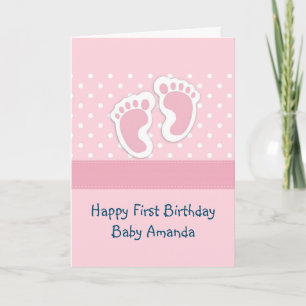 Cute Pink baby Girl Footprints 1st Birthday Card
